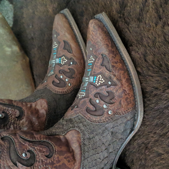 CORRAL C1104 Distressed brown/python cowgirl boots blingy cross snip toe sz6 NWT - Picture 10 of 15